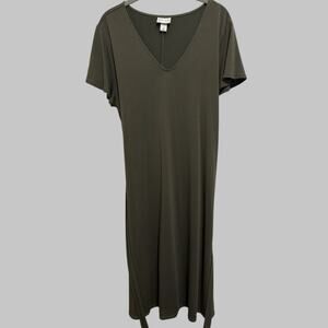 Ava & Viv Olive Green Midi Dress Short Sleeve Stretchy Tie Belt Everyday X (14)